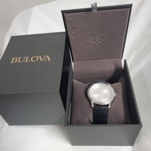 Bulova Men's Stainless Steel Leather Strap Silver and Black Watch